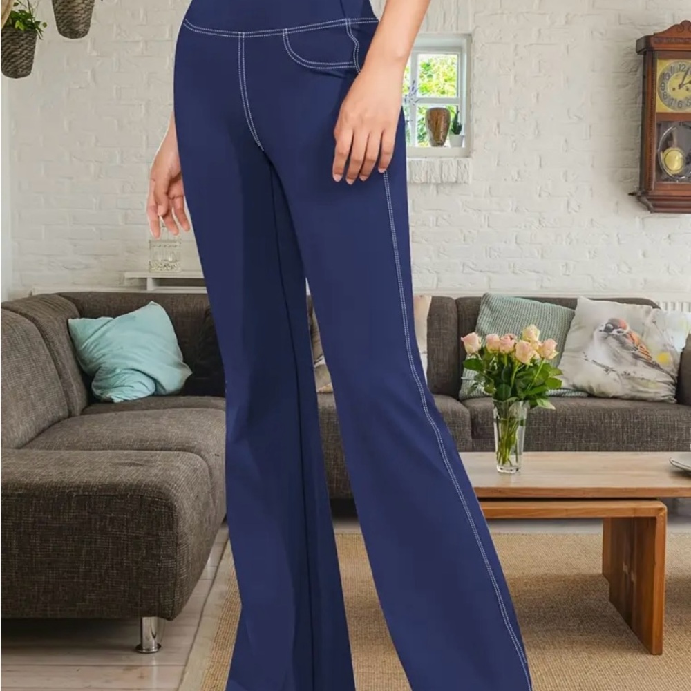 Women's Plus Navy Blue Flared Pants - Jean Look